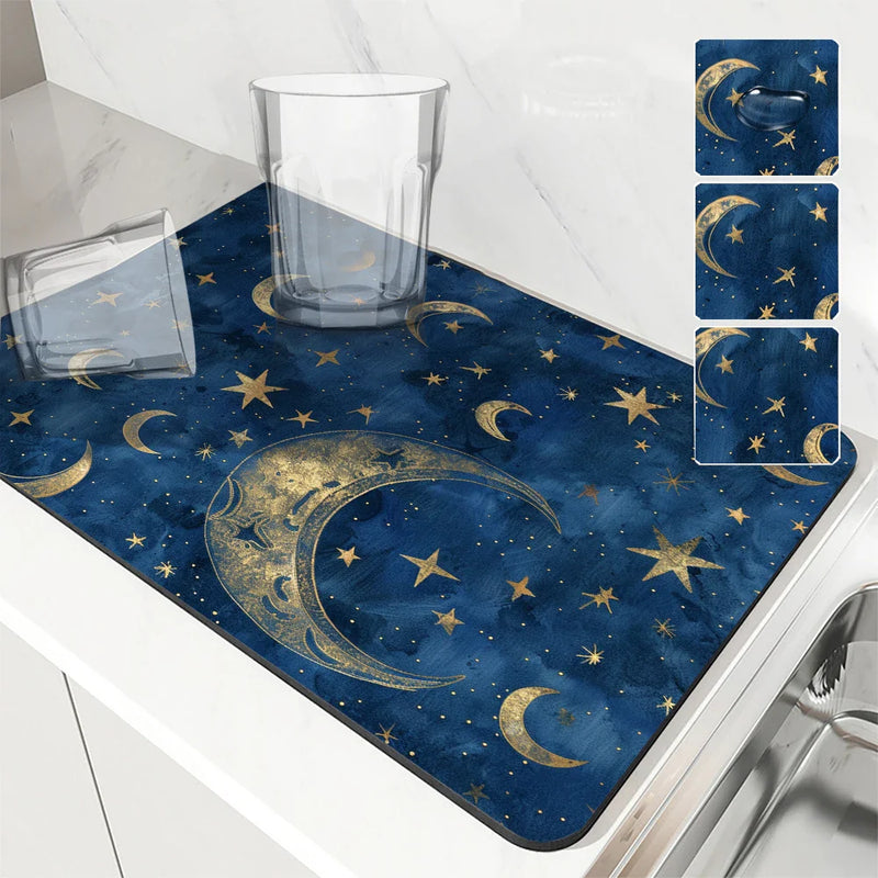 Axyaa Diatom Kitchen Drain Pads: Absorbent, Stars and Moons, Coffee Machine Mat