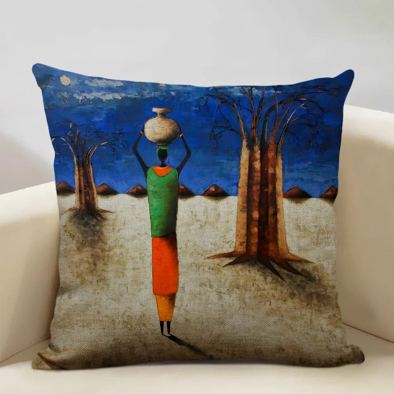 Axyaa African Oil Painting Art Pillow Case 45x45cm Linen Cushion Cover