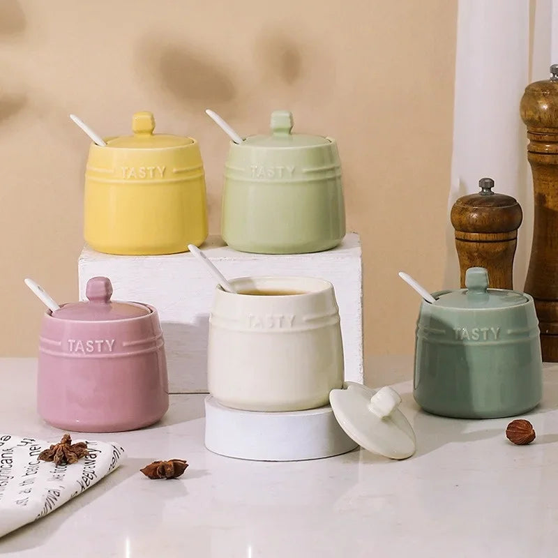Axyaa Ceramic Condiment Jar Set with Lid, Spoon, Sugar Bowl, Salt Jars
