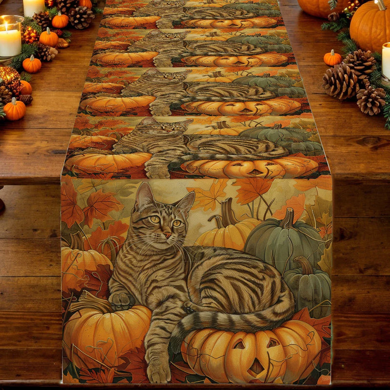 Axyaa Halloween Pumpkin Cat Table Runner Farmhouse Dining Decor