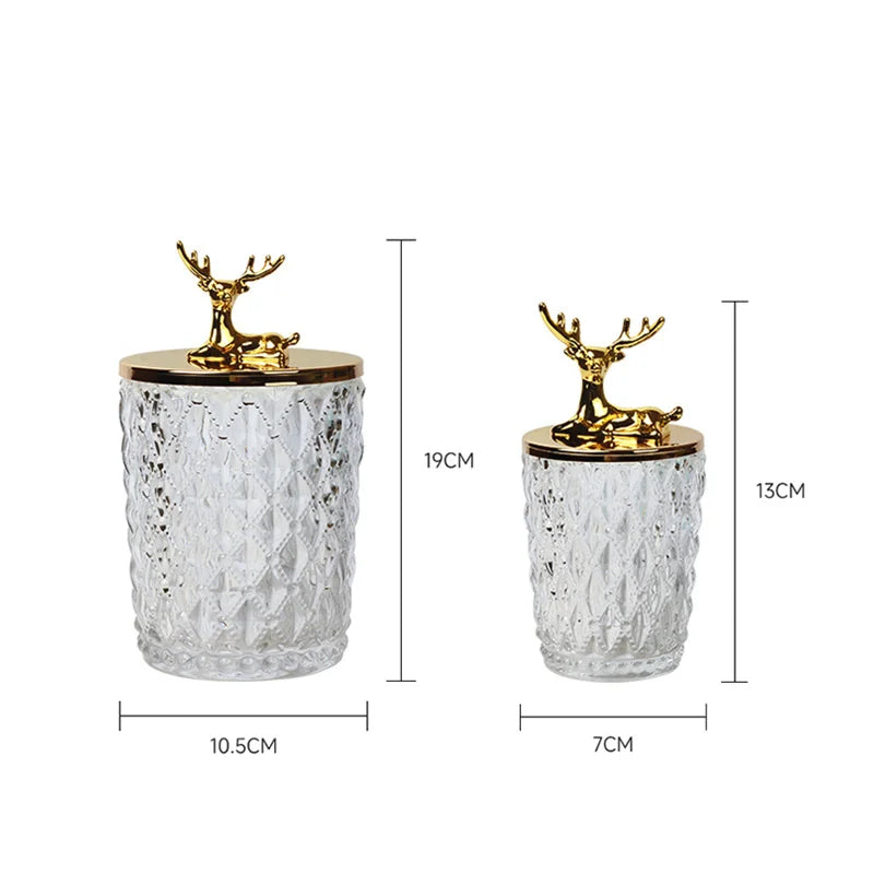 Axya Deer Glass Storage Jar: Gold, Crystal Clear, Desktop Organizer