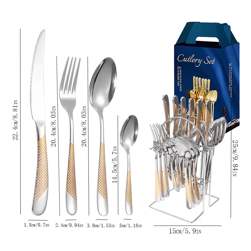 Axyaa Stainless Steel Tableware Set: Steak Knife, Fork, Dessert Spoon - 24pcs