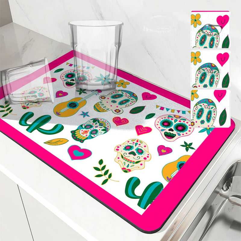Axyaa Halloween Pumpkin Skull Drying Mat: Non-Slip Absorbent Tableware Mat for Kitchen Counter