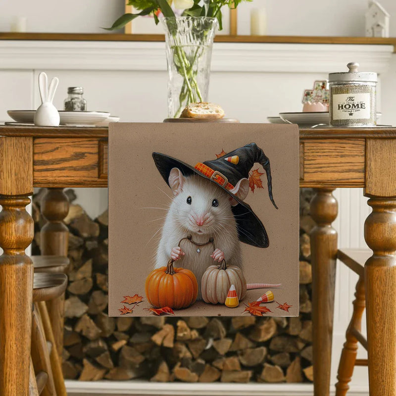 Axyaa Halloween Mouse Pumpkin Wizard Hat Table Runner