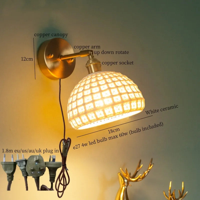 Axyaa Nordic LED Wall Lamps, Modern Copper Arm Ceramic Light for Living Room, Bedroom