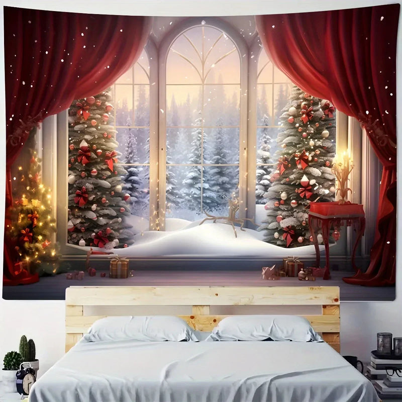 Axyaa Christmas Tree Snow Scene Tapestry for Home Outdoor Party Decoration