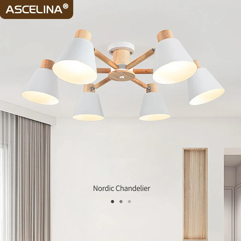 Axyaa Nordic Macaron Wooden Ceiling Light with E27 Bulbs, 3/6 Heads for Interior Lighting