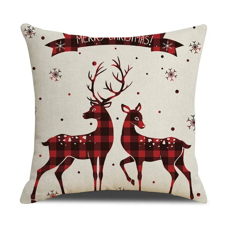 Axyaa Christmas Linen Print Throw Pillow Cover for Home Sofa, Living Room and Bedroom