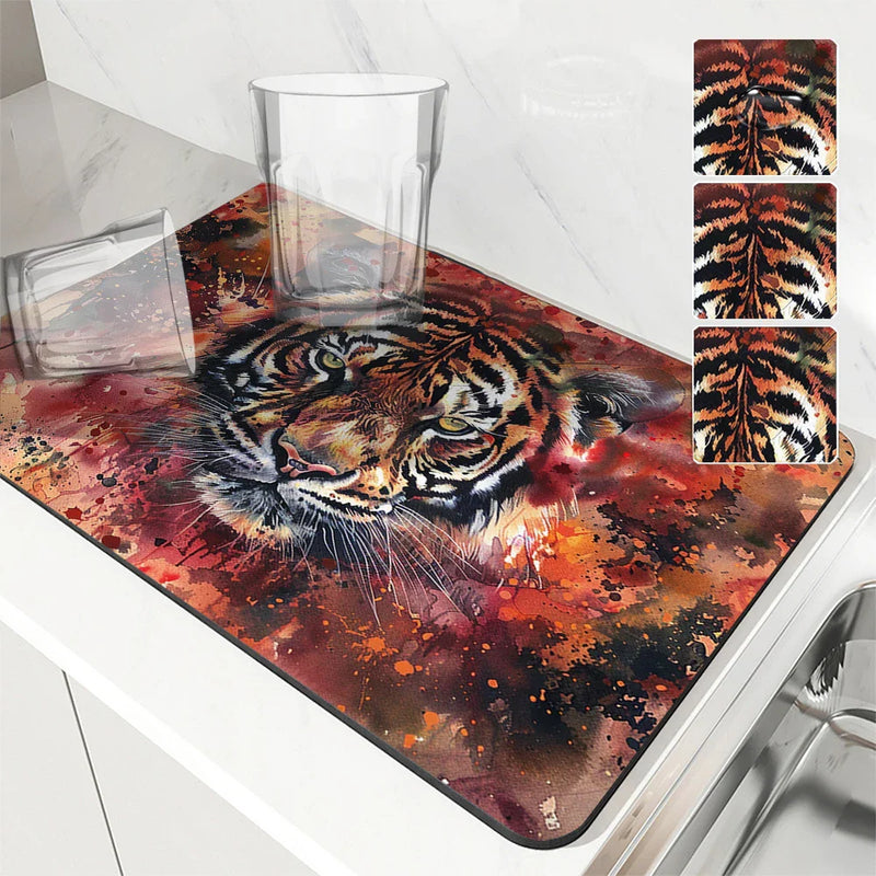 Axyaa Animal Painting Effect Kitchen Drying Mat, Non-Slip Tableware Pad