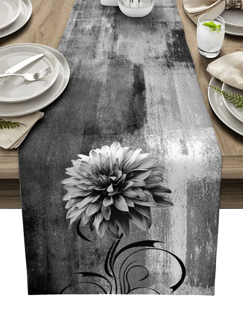 Axyaa Blue Dahlia Oil Painting Table Runner - Home Dinner Table Decor