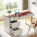 Axyaa Glass Top Writing Desk with Drawers, 47 Inch Modern Home Office, White/Gold