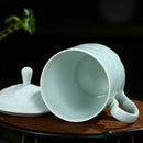 Axya Shadow Green Carving Teacup with Lid for Office and Home