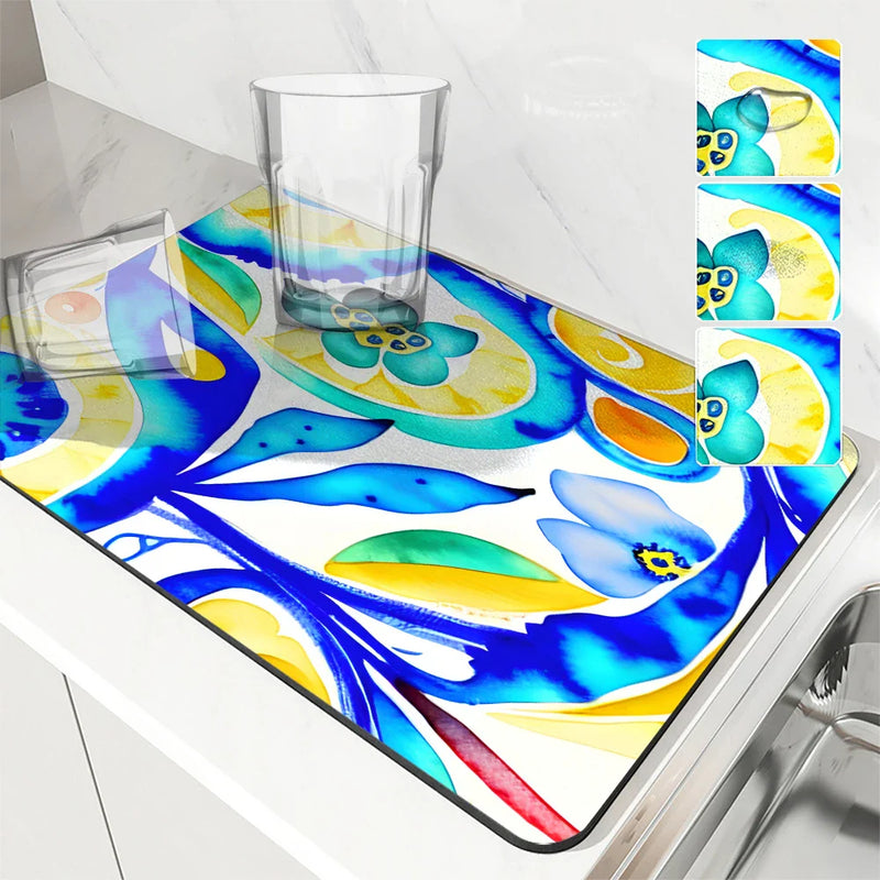 Axyaa Watercolor Kitchen Draining Mat - Large, Anti-slip, Quick Dry, Absorbent Drain Pad