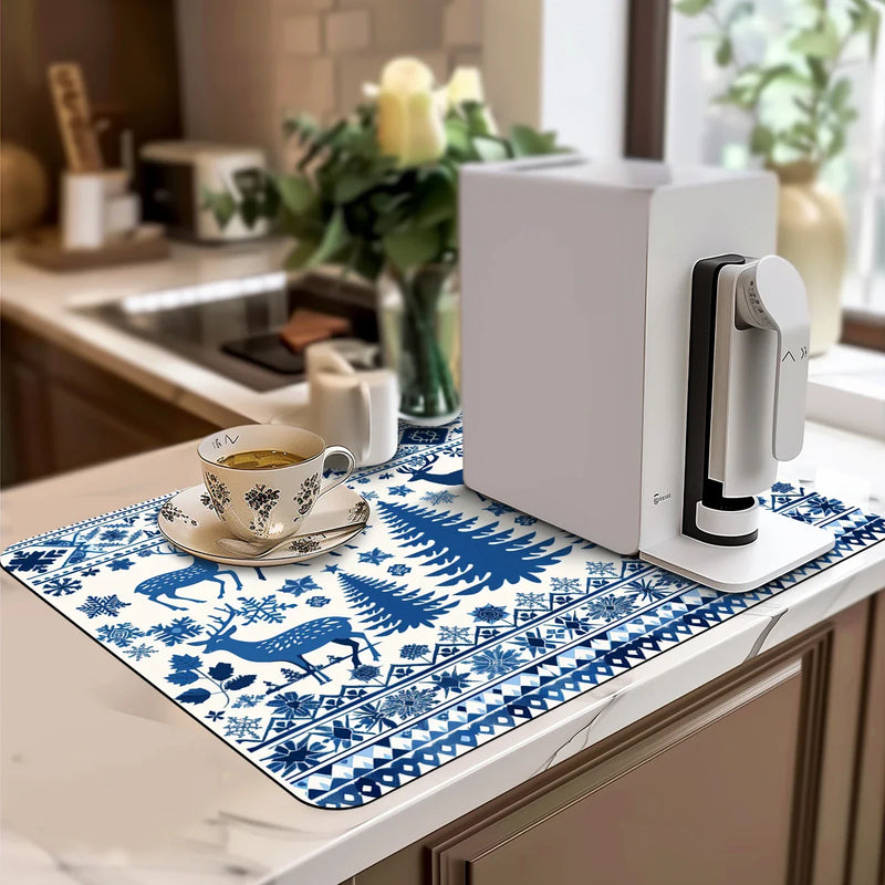 Christmas Deer Silhouette Non-Slip Drying Mat for Kitchen Counters and Tables by Axyaa