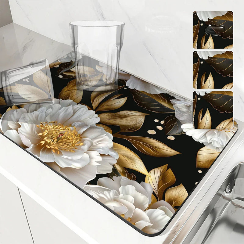 Axyaa 3D Plants Kitchen Mat: Absorbent, Antiskid, Quick Dry, Draining, Tableware Mat