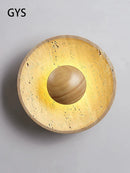 Axya Stone Round Wall Lamp, Retro Japanese Cream Style, Walnut Color for Living Room