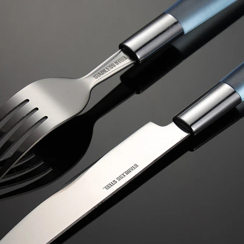 Axyaa Stainless Steel Cutlery Set with Plastic Handle - Western Tableware Steak Knife Fork Teaspoon