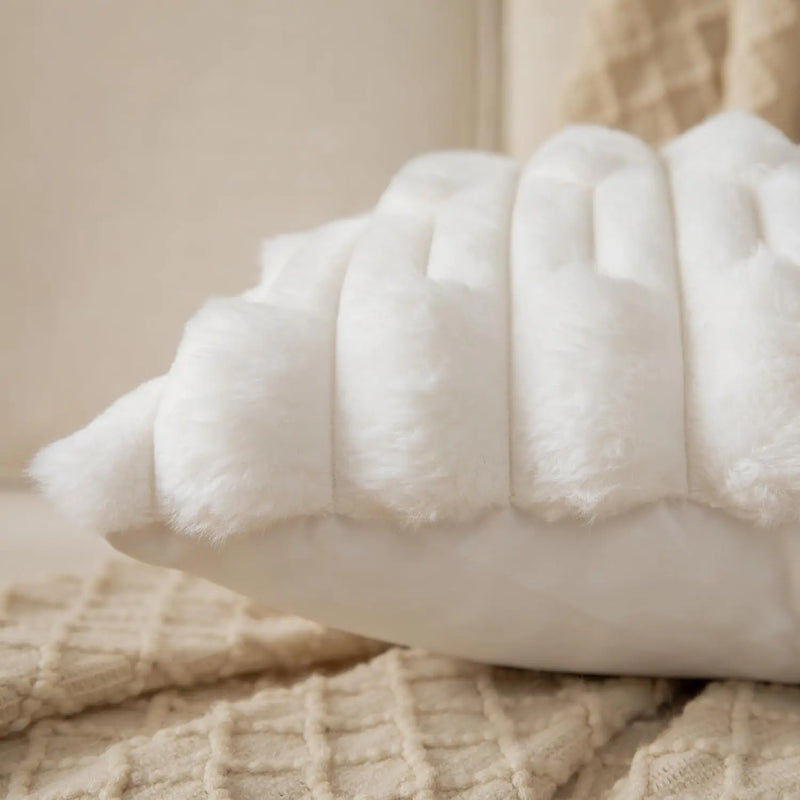Axyaa Boho Striped Faux Rabbit Fur Velvet Cushion 18x18In Beige
