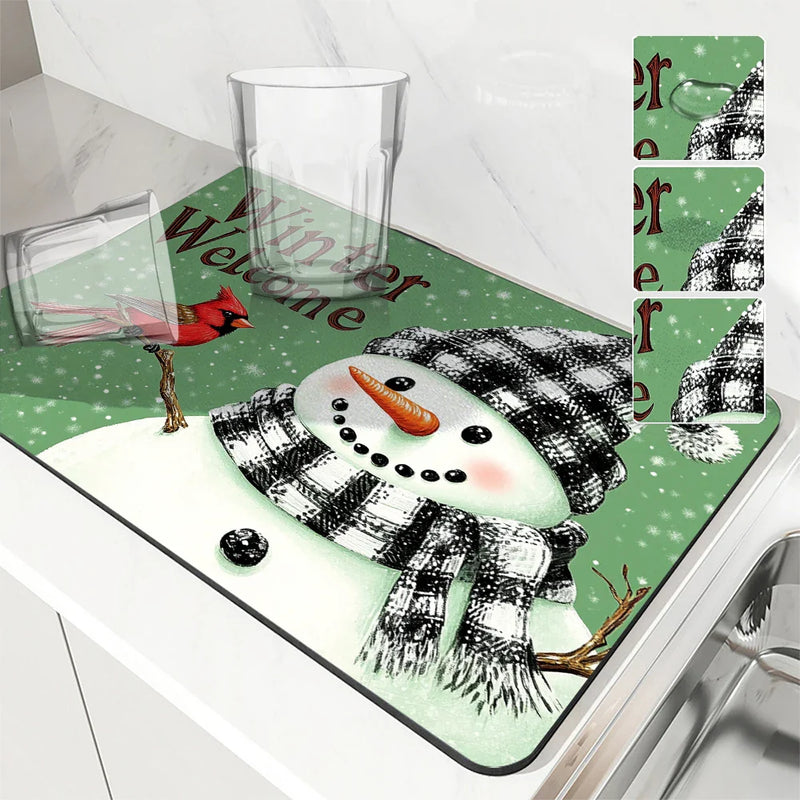 Axyaa Snowman Drying Mat - Quick Kitchen Drain Pad for Faucet & Dishware