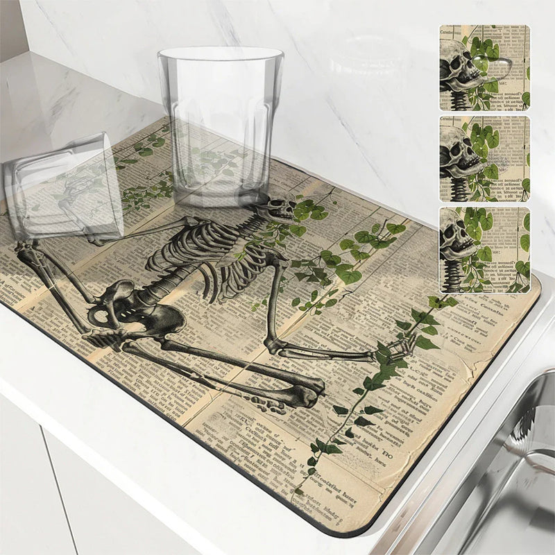 Axyaa Halloween Skeletons Drying Mat Absorbent Tableware Bathroom Kitchen Skeleton Hide Stain