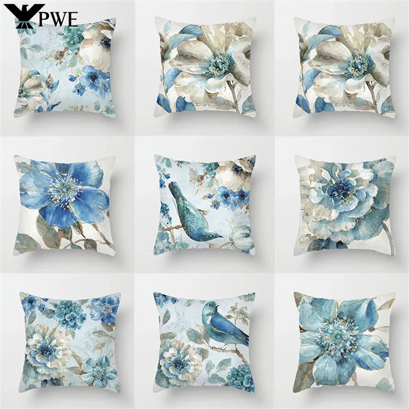 Luxurious Blue Bird Floral Pillowcase by Axyaa - 45x45cm Square Decor for Home & Office