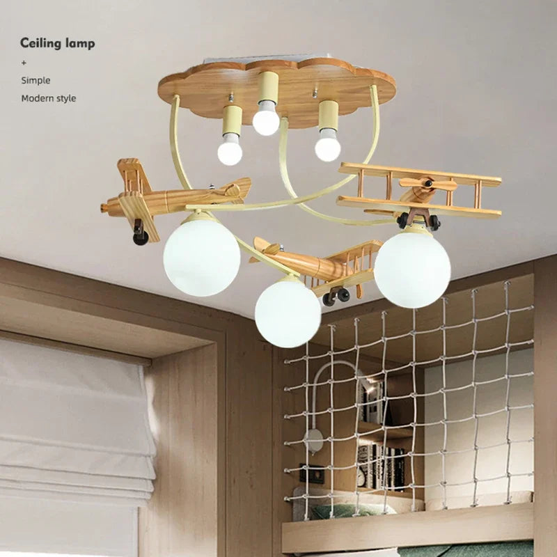 Wooden Airplane Chandelier Light for Children's Bedroom by Axyaa