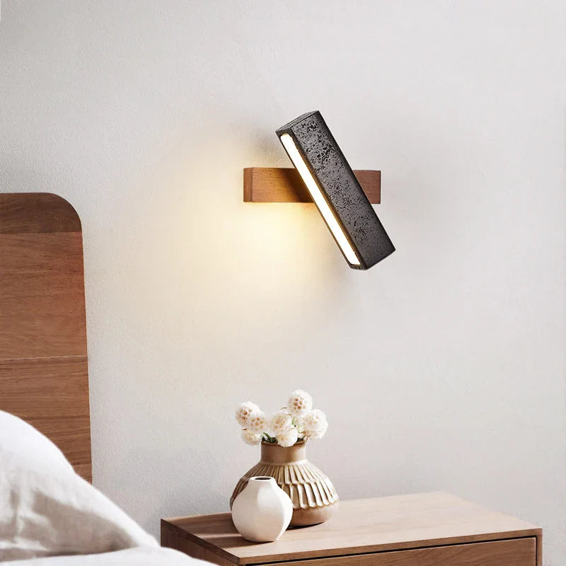 Axyaa Wabi Sabi LED Wall Light Black Travertine Wood Pull Chain Switch Bedside Lamp