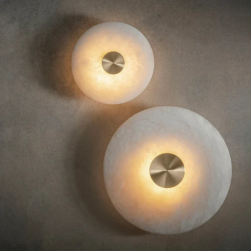 Art Deco Round LED Marble Brass Wall Sconce by Axyaa - Elegant Parlor Aisle Corridor Lighting