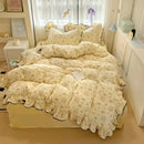 Axyaa Cream Lace Girl Powder Grid Korean Double-Layer Quilt Cover Set