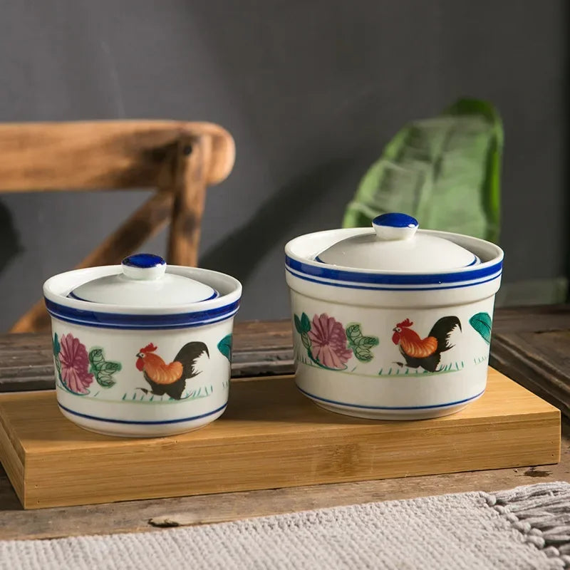 Axya Ceramic Rooster Soup Cup with Lid, Waterproof Dessert Cup for Hotel & Restaurant