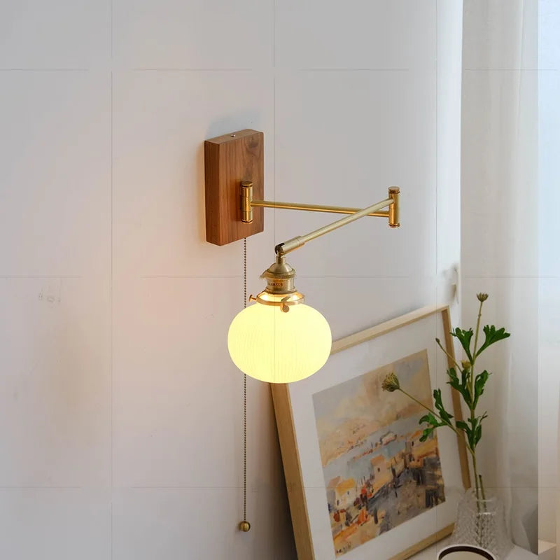Axyaa Walnut Canopy Copper LED Wall Lamp with Long Arm Rotation