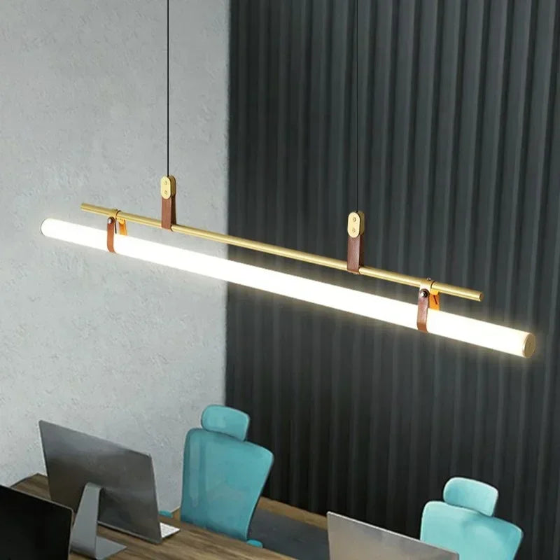 Axyaa Eden Modern Long Tube Pendant Lamp Black Gold Leather Dining Table Chandelier