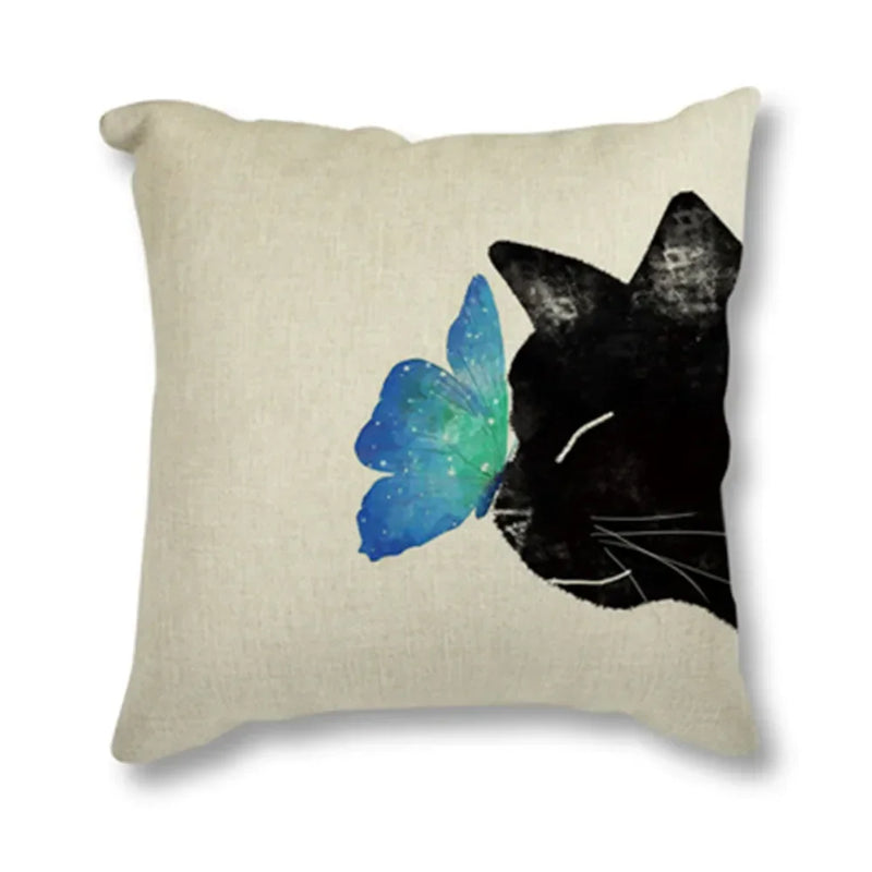 Black Cat & Butterfly Print Linen Cushion Cover by Axyaa - 45x45CM
