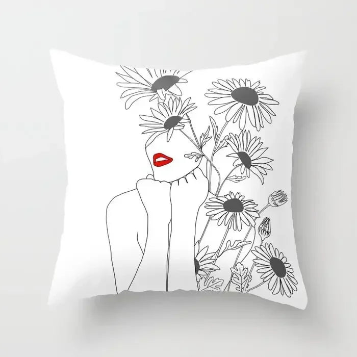 Minimalist White Pillow Cover - Axyaa Portrait Sketch Nordic Cushion