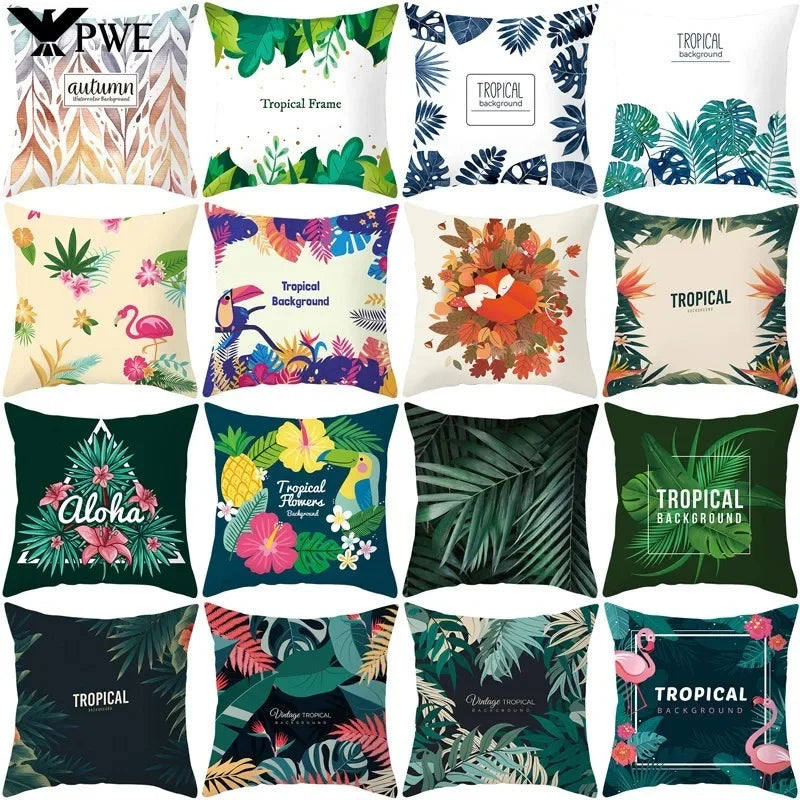 Flamingo Flower Rainforest Cushion Cover with Tropical Plant Animal Pattern by Axyaa