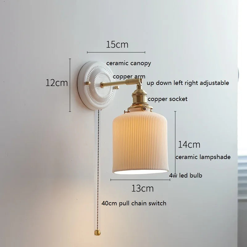 Axyaa Ceramic LED Wall Sconce with Adjustable Copper Arm - Pull Chain Switch