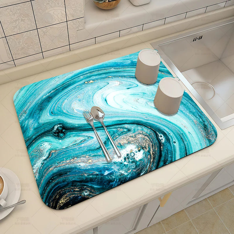 Axyaa Blue-Green Oil Painting Abstract Kitchen Placemat - Non-Slip & Super Absorbent