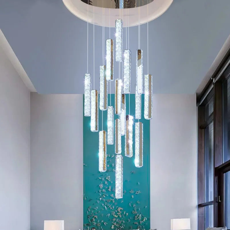 Axyaa Gold Chrome Steel Dimmable LED Pendant Lights with K9 Crystal Lustre for Villa Stairs