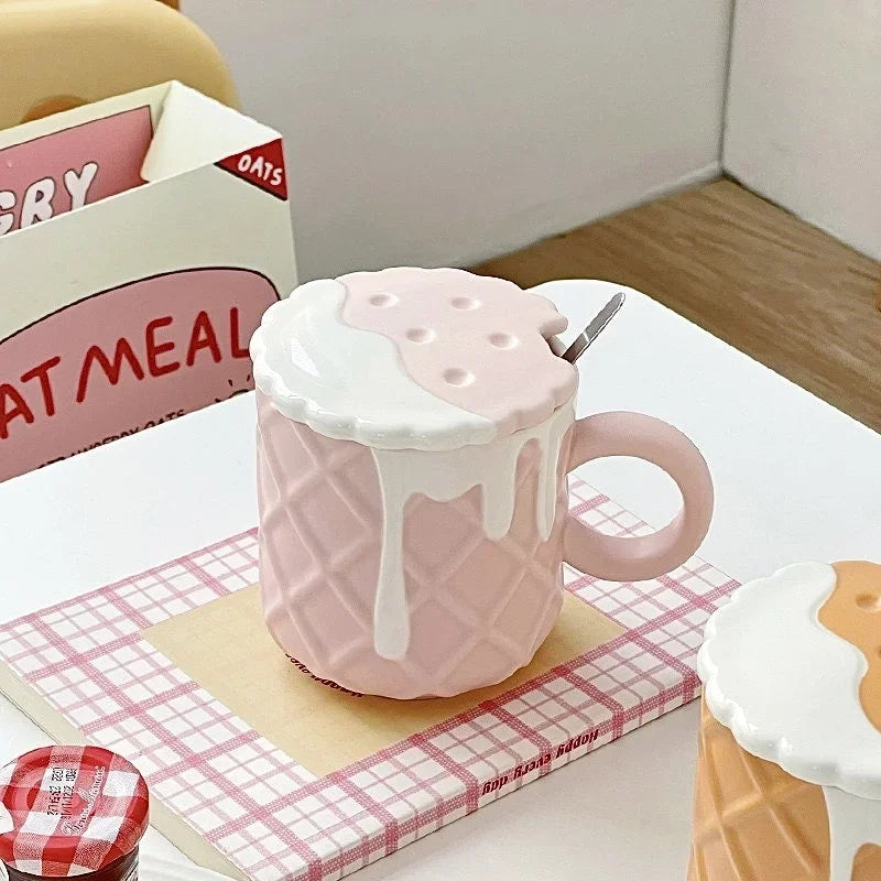 Axyaa 400ML Biscuit Pattern Coffee Mug With Lid, Spoon - Cute Kawaii Ceramic Cup