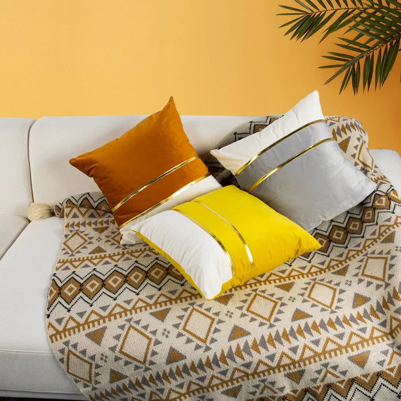 Axyaa Velvet Gold Splice Cushion Cover 45x45cm - Nordic Light Luxury Home Decor Patchwork Pillowcase