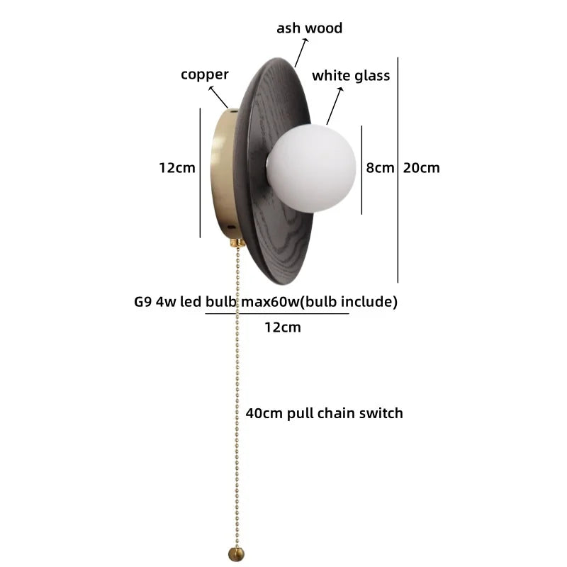 Axyaa Round Wood Glass Ball LED Wall Sconces for Bedroom and Living Room