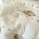 Axyaa Romantic Lace Gauze Bedding Set: Queen Size, Elegant Princess Style, Embroidered Duvet Cover, Ruffled Quilt Cover