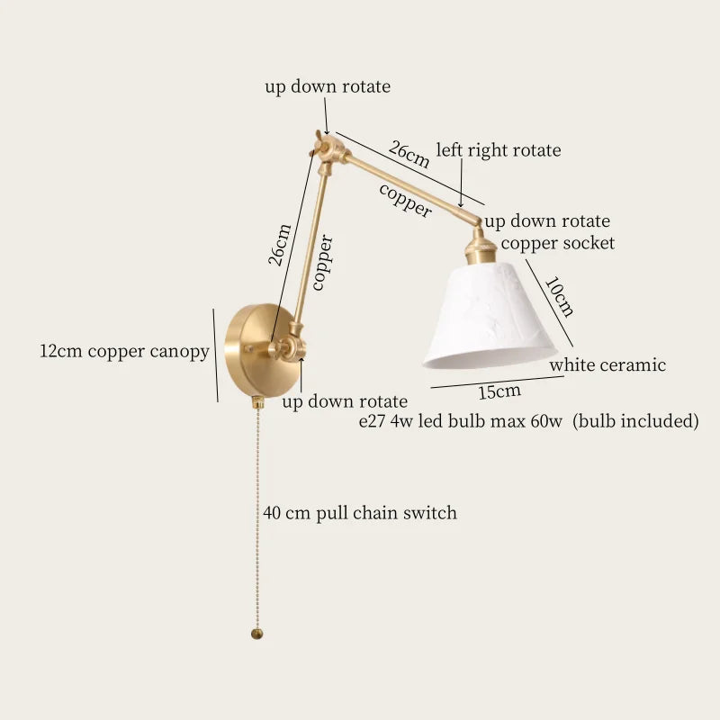 Axyaa Ceramic LED Wall Lamp Pull Chain Switch Nordic Copper Wandlamp