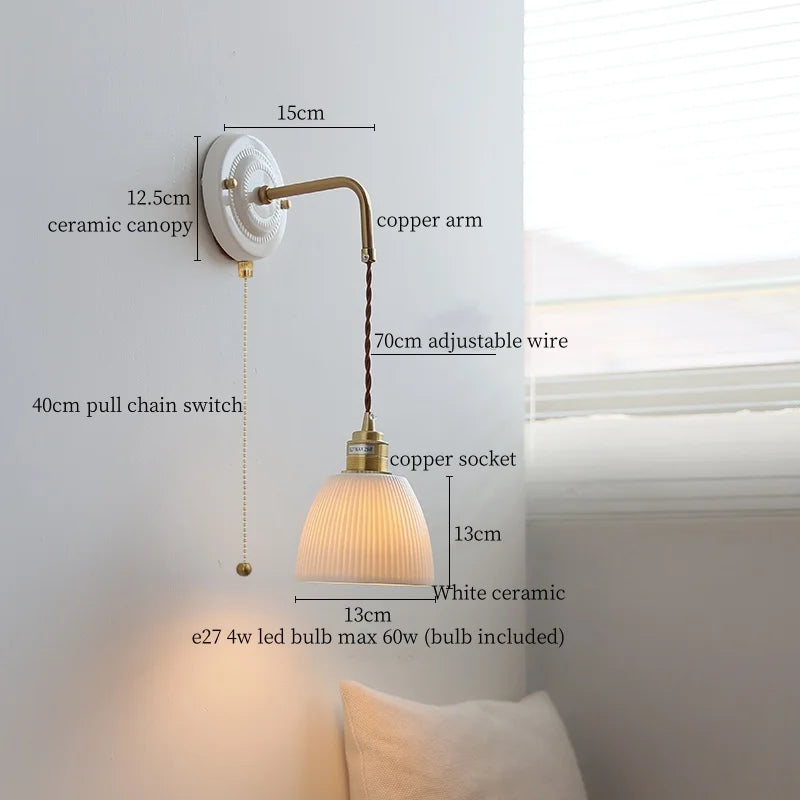 Axyaa Pleats Ceramic LED Wall Sconce Lamp with Adjustable Copper Arm