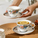 Axyaa Peony Gold Rim Porcelain Coffee Cups and Saucers Vintage Ceramic Mug