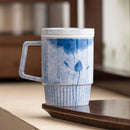 Axyaa Hand-painted Blue Lotus Ceramic Mug with Lid - Vertical Ink Pattern