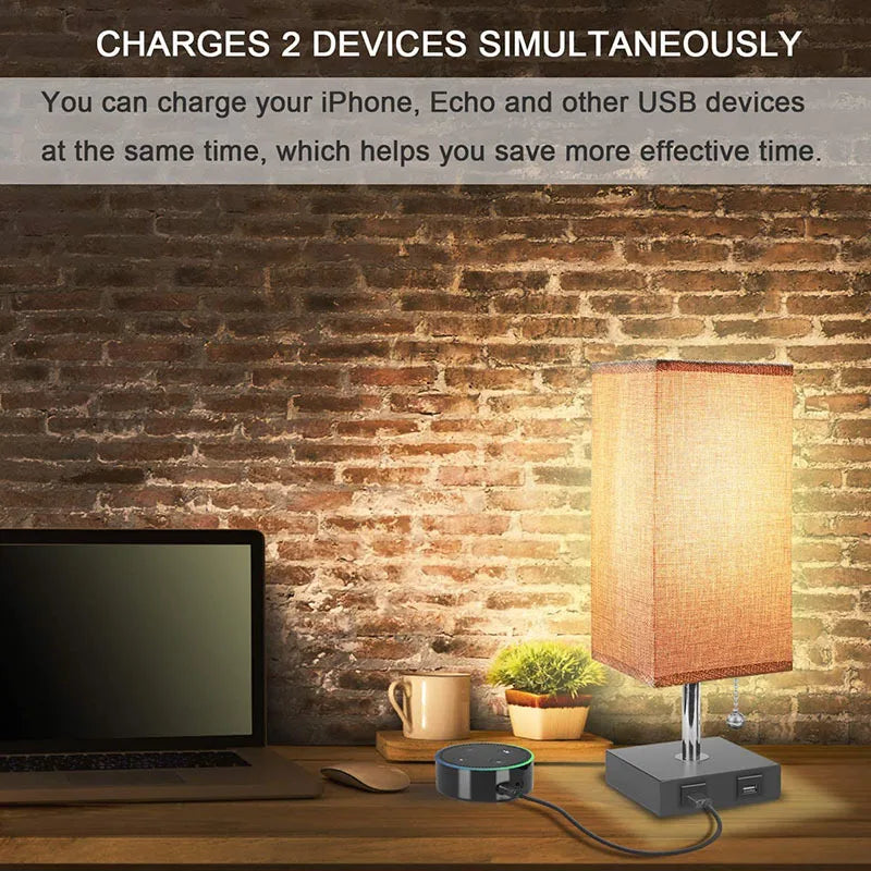 Axyaa USB Table Lamp with Pull Chain and Grey Fabric Shade