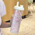 Axyaa Large Capacity Drinkware Set - Straw Plastic Cups with Leather Case & Lid