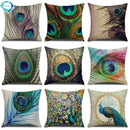 Axyaa Peacock Print Linen Cotton Pillow Cover for Home Decor & Sofa Accent