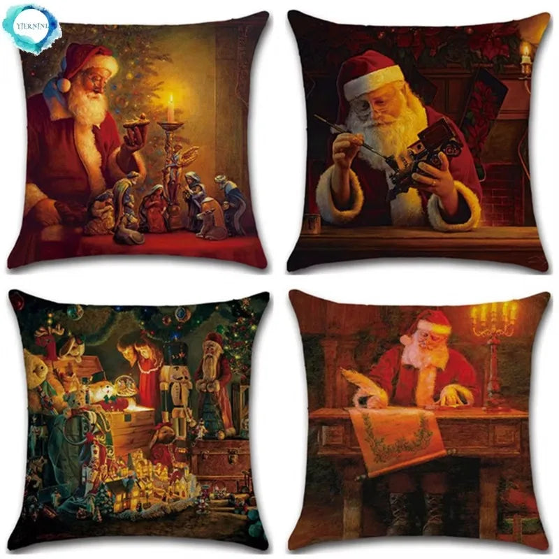 Axyaa Santa Claus Print Linen Pillow Cover - 45X45cm